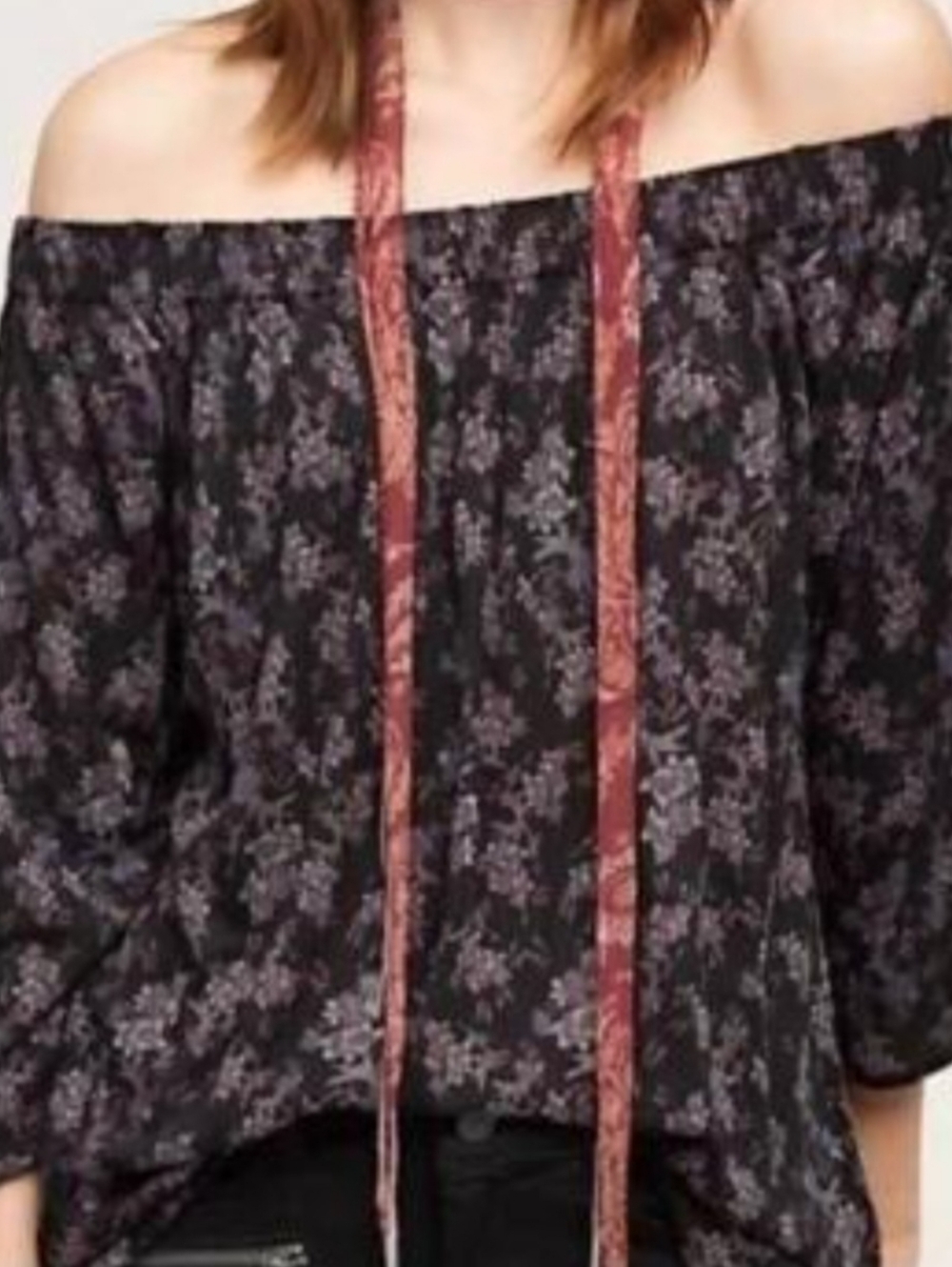 Deletta (Anthropologie) Black Off-Shoulder Floral Tunic
